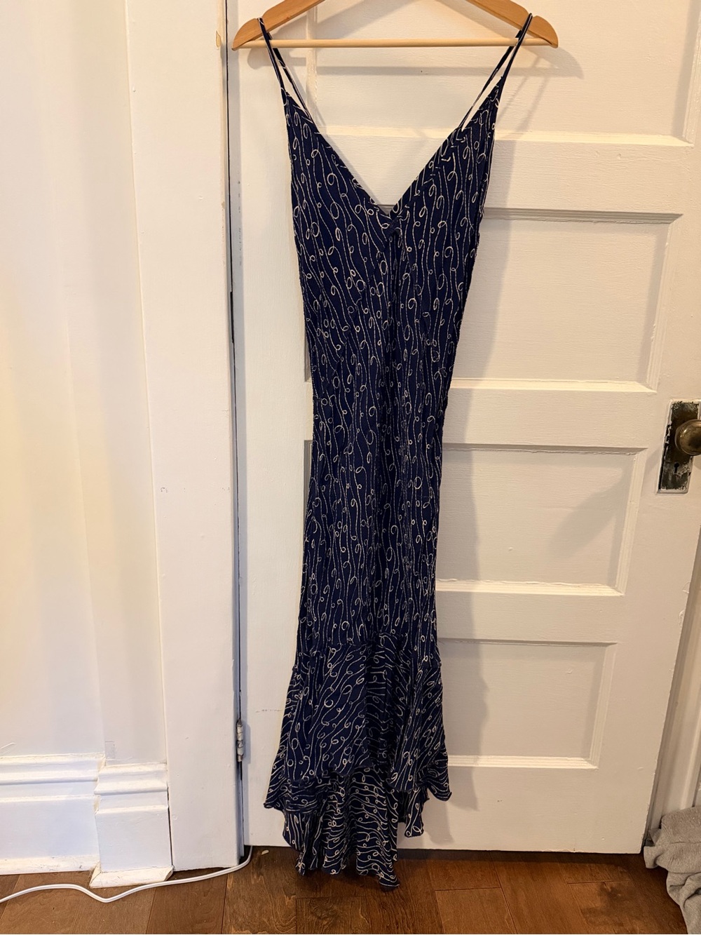 Salvage Navy Patterned V-Neck Maxi Dress with Ruffled Hem